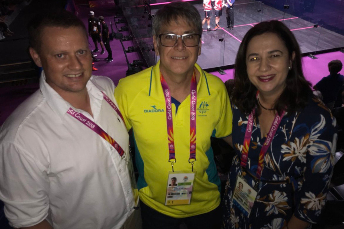 WIth Squash Australia President David Mandel and Queensland Premier Anastasia Pallachuk at the Commonwealth Games finals on the Gold Coast 2018